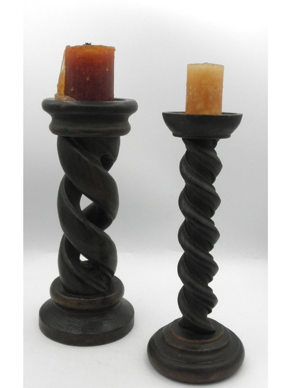 Hand-Carved Wood Barley Twist Candlesticks VTG 1970's Spanish Revival Set of 2
